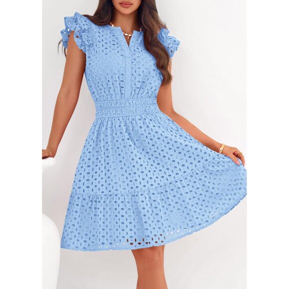 Women's Light Blue V Neck Eyelet Cap Sleeve Summer Beach Vacation Sundresseses - Picture 5 of 8